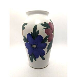 Clayworks VASE Pottery Floral Blue Pink Hand Painted Ceramic Canada Signed 8"